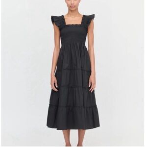 Hill House Ellie Nap Dress Black Cotton Poplin Smocked with Ruffled Straps S